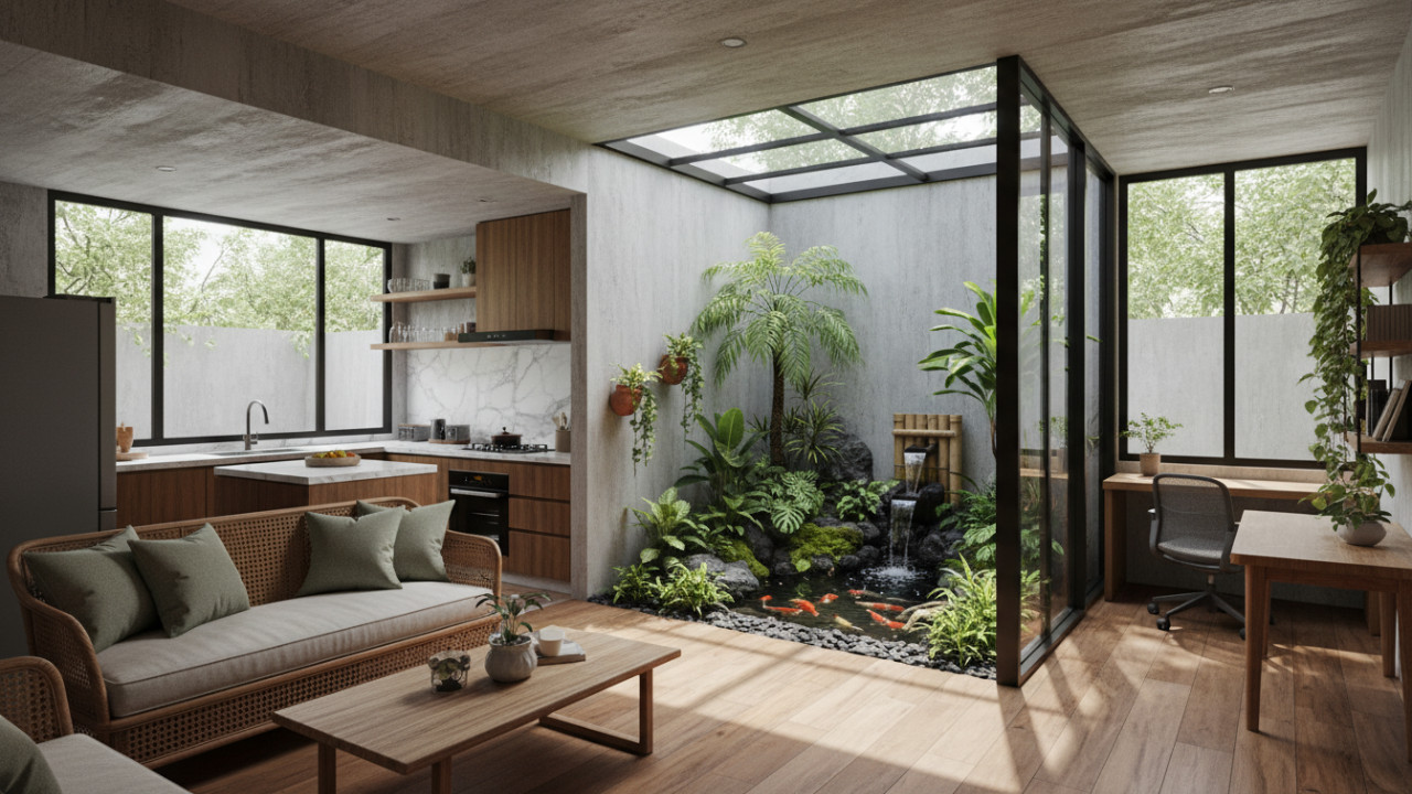 Cahaya alami menyinari taman mini interior di tengah ruang.