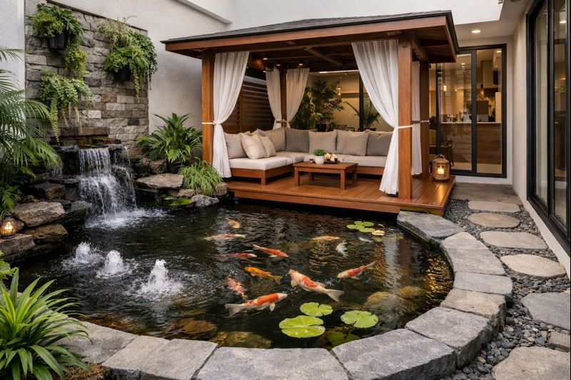 Perpaduan elemen air dan ruang semi-terbuka di kolam ikan dengan gazebo di lahan sempit rumah minimalis.