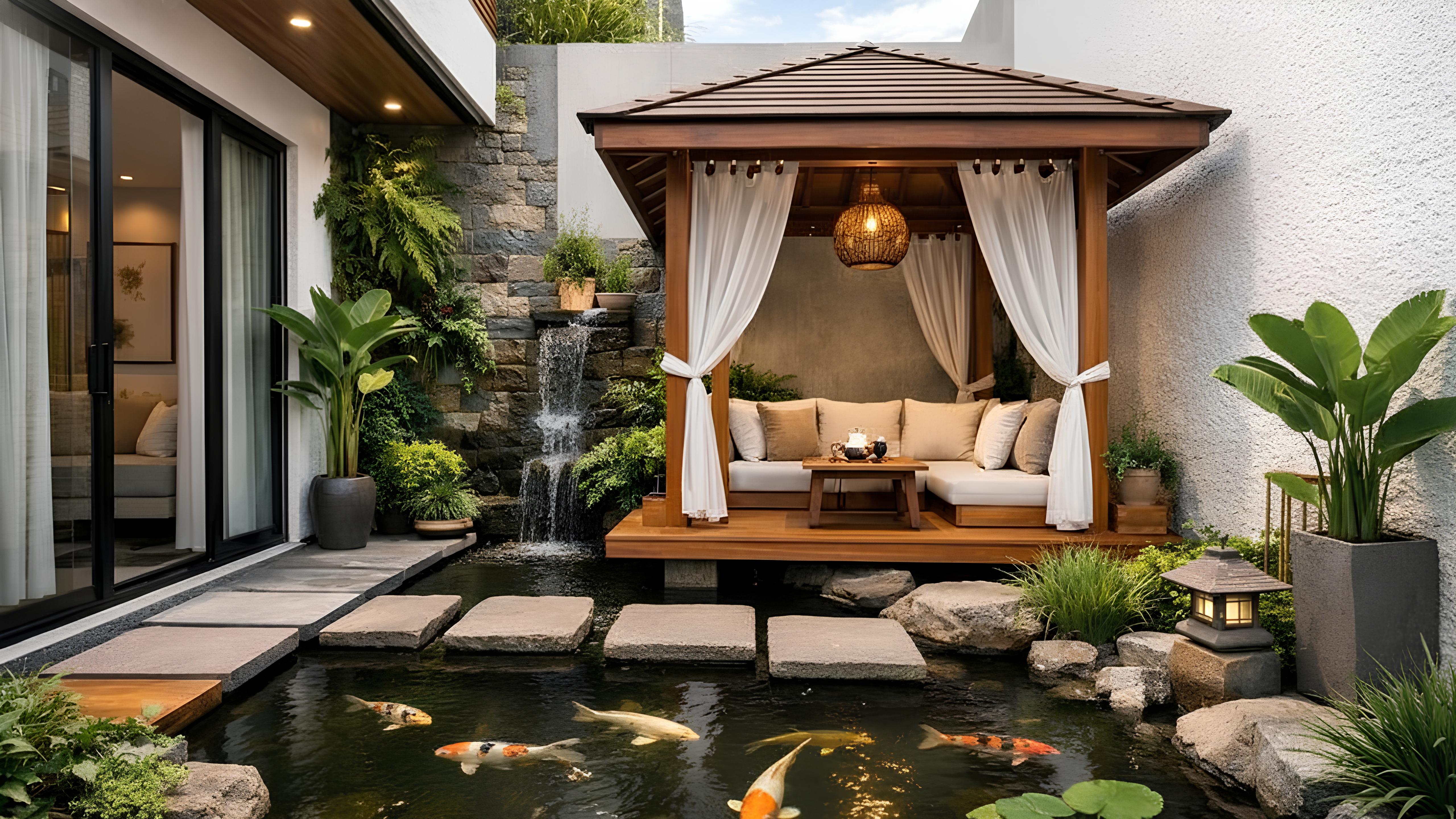 Kolam ikan dengan gazebo di rumah minimalis modern yang menyatu alami di lahan sempit.
