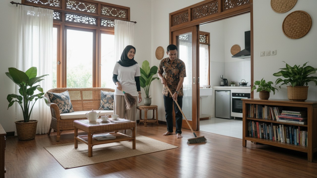 Kegiatan membersihkan sudut rumah secara rutin.