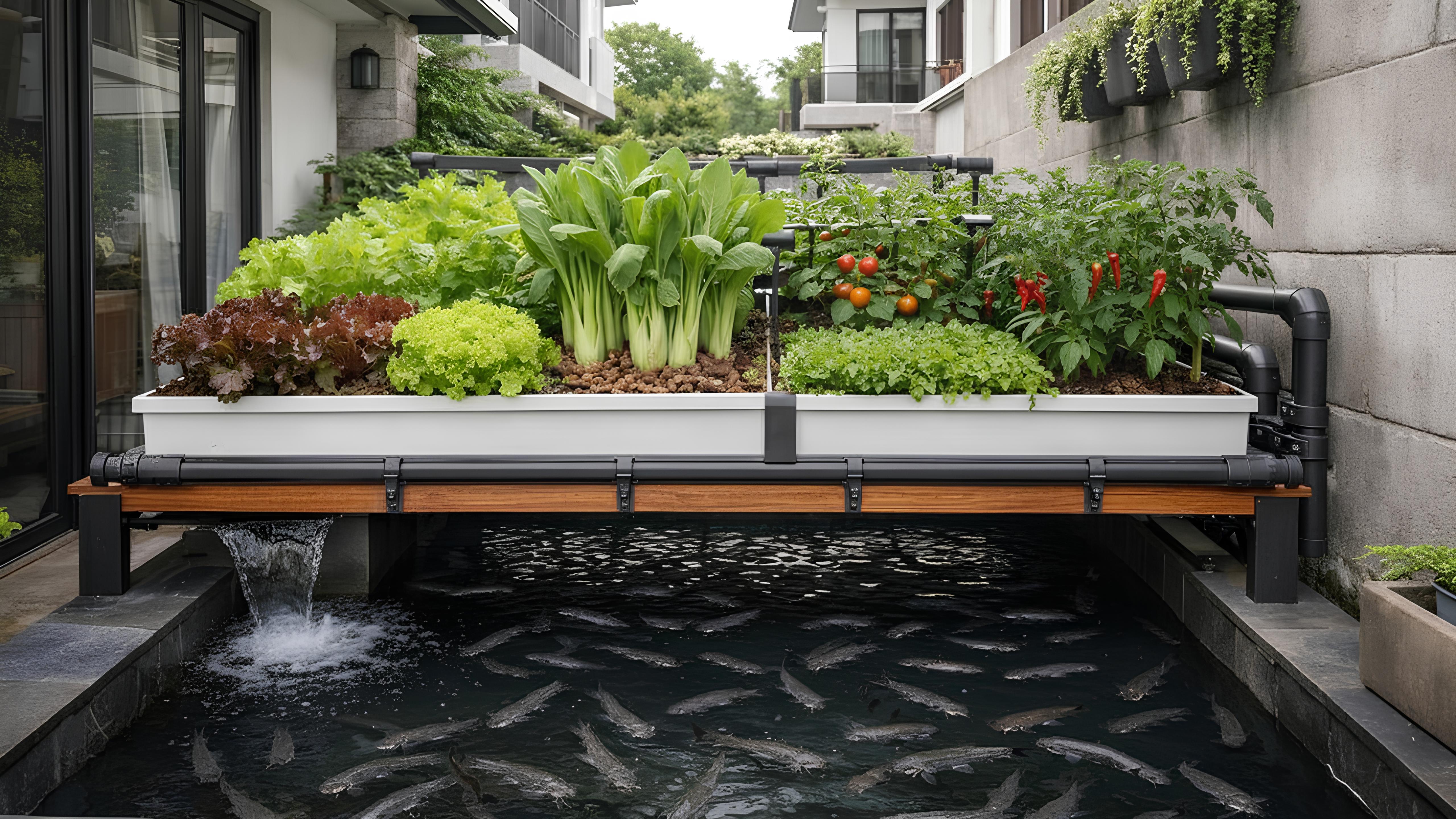 Kolam ikan akuaponik minimalis di rumah perkotaan modern.