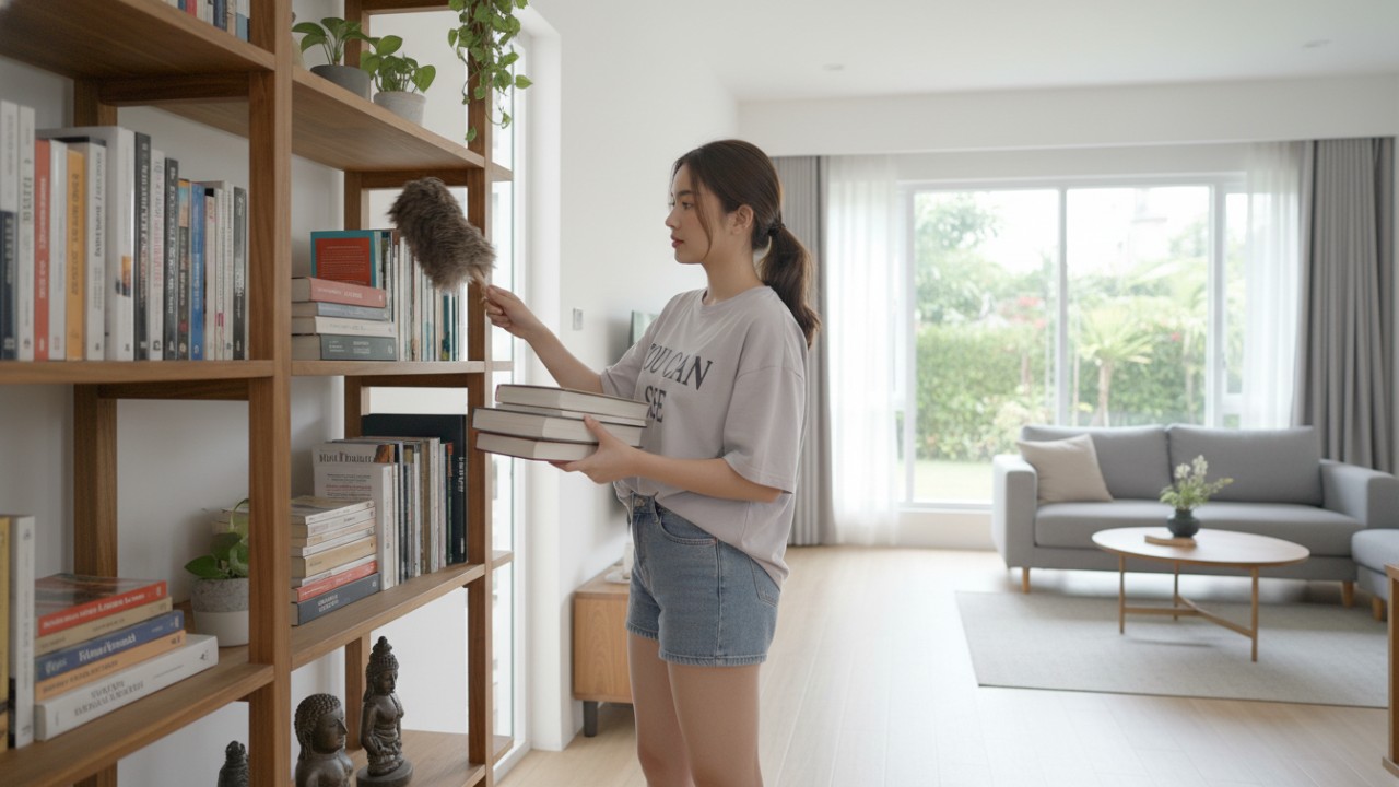 Membersihkan rak buku bukan hanya membersikan debu tapi juga bagian dari perawatan buku