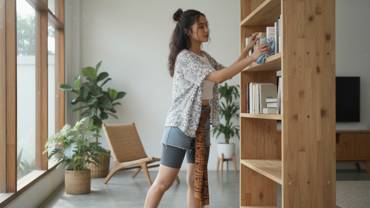 Membersihkan rak buku kayu