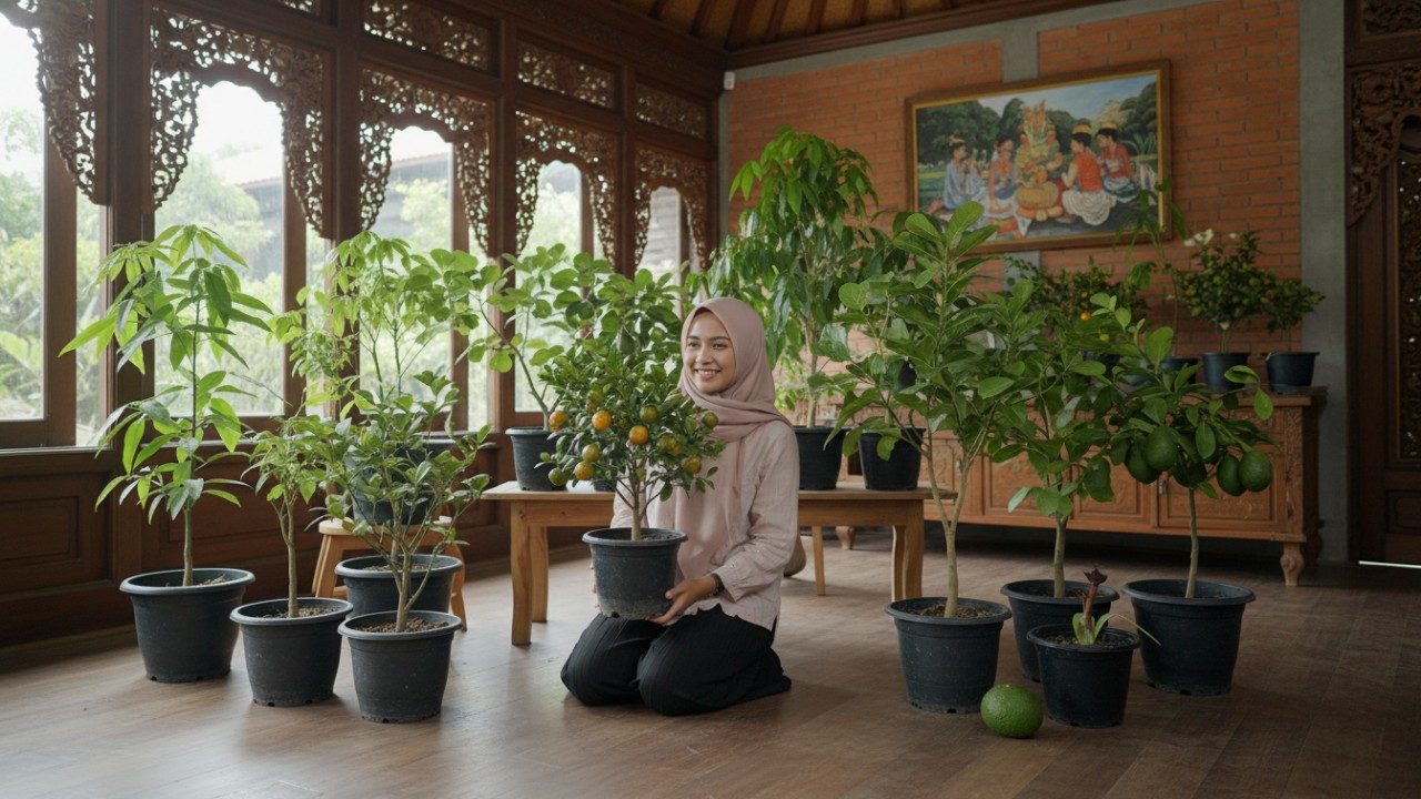Ilustrasi pohon buah dalam pot yang tumbuh di dalam rumah dengan pencahayaan alami.