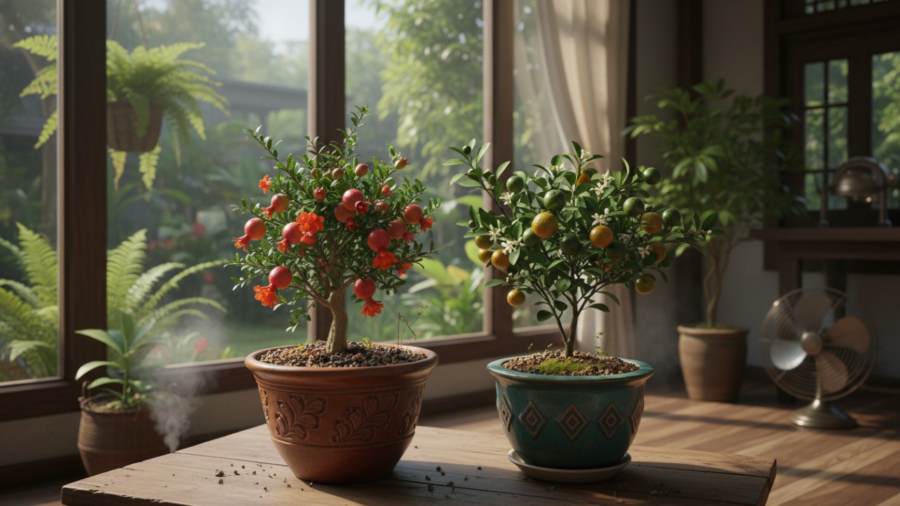 Jeruk calamondin berbuah kecil di dalam ruangan.