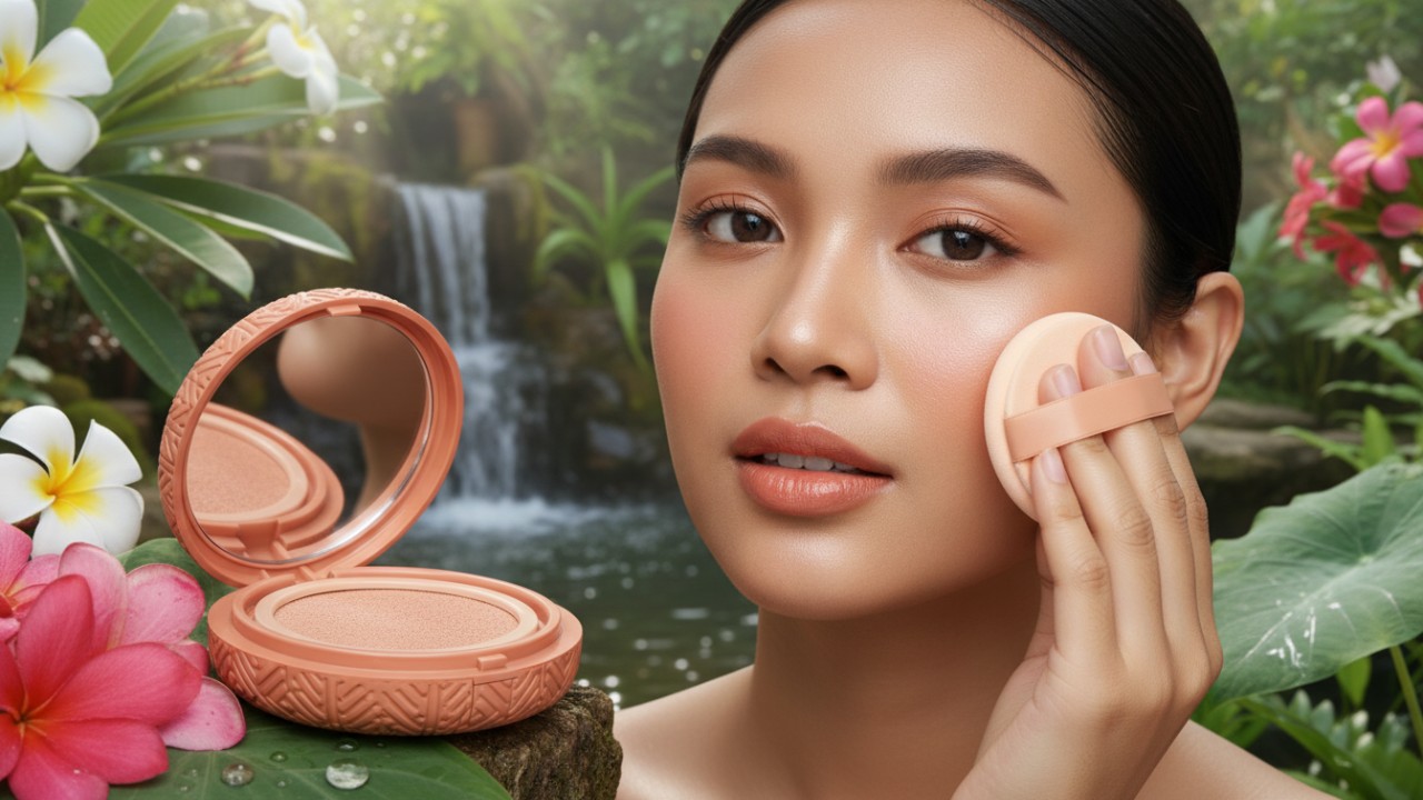 Ilustrasi cushion sebagai produk complexion praktis untuk tampilan wajah segar.