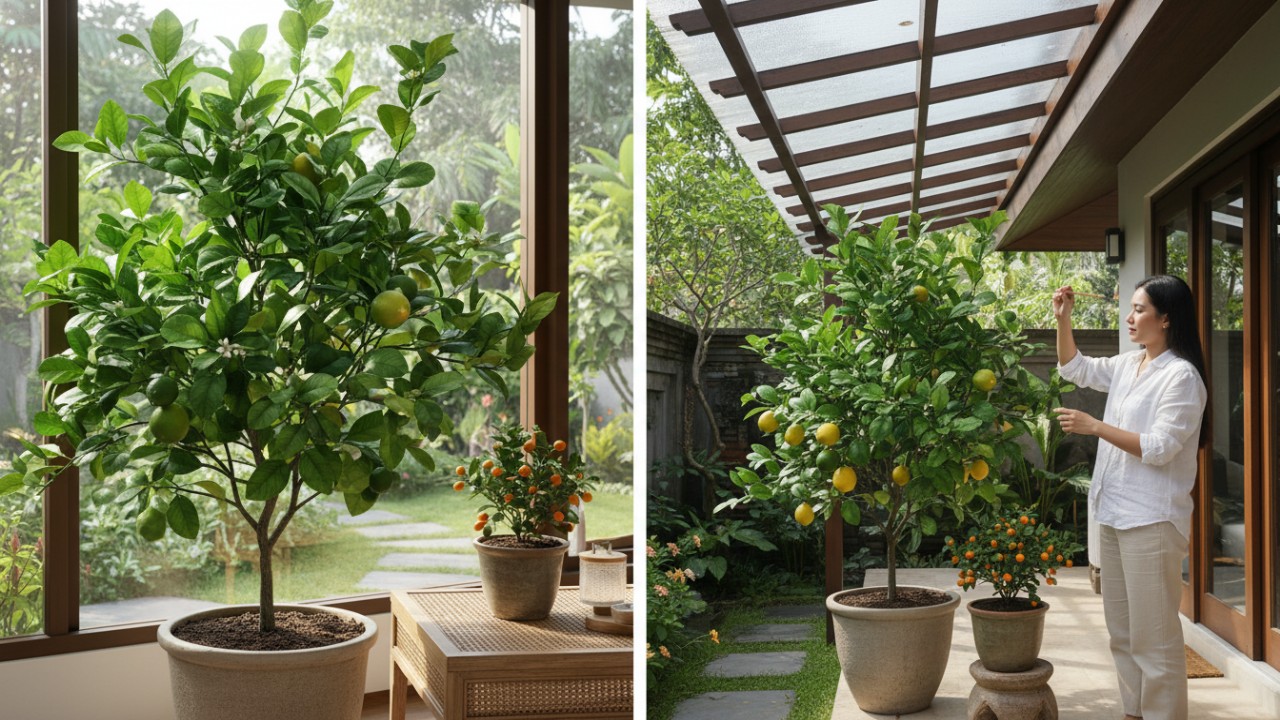 Lemon Meyer tumbuh di area terang dekat kaca, Kumquat dalam pot memberi nuansa segar di rumah.