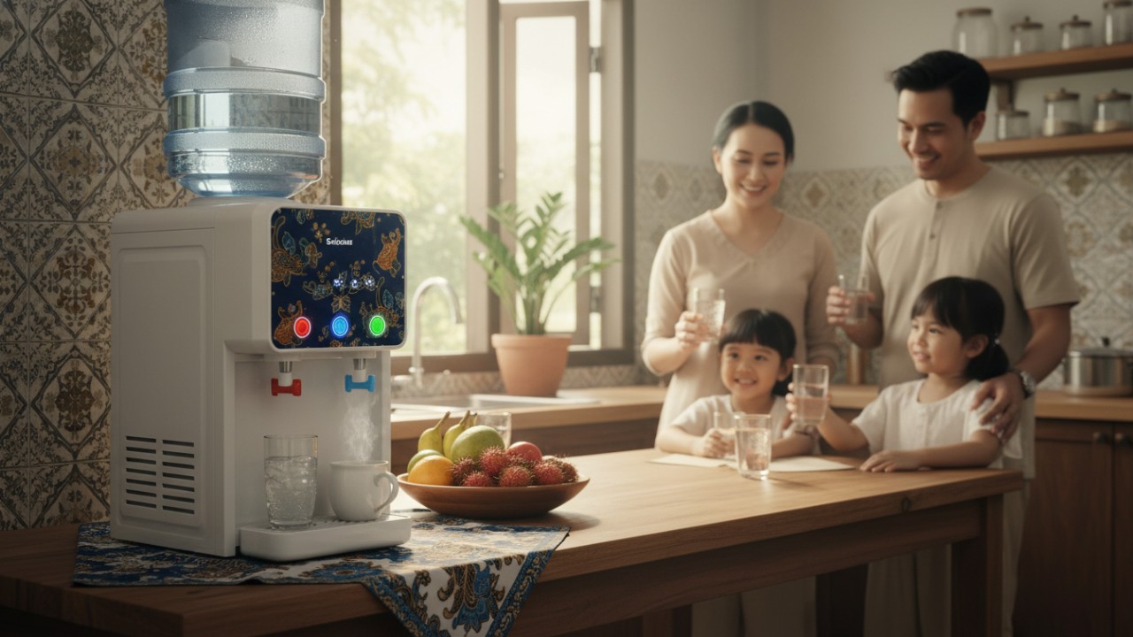 Ilustrasi water dispenser modern di dapur rumah dengan desain rapi dan fungsional.