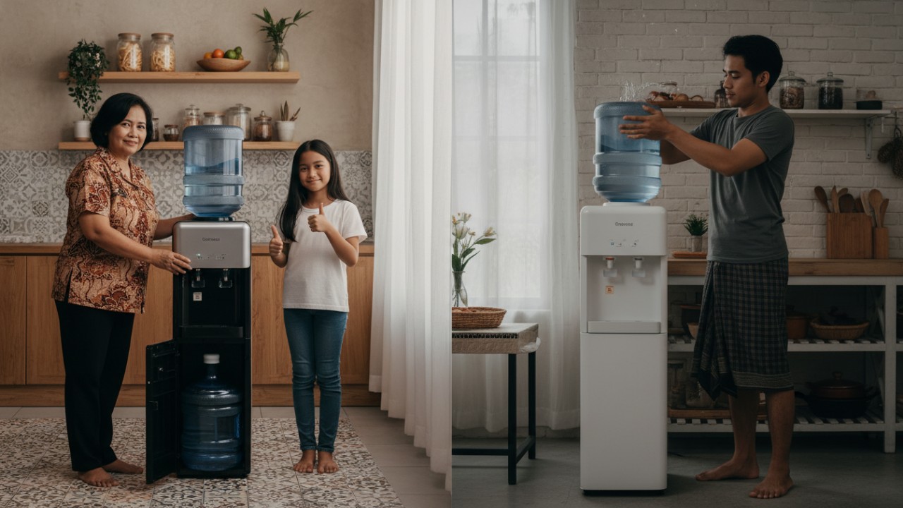 Water dispenser galon bawah terpasang rapi di ruang makan.