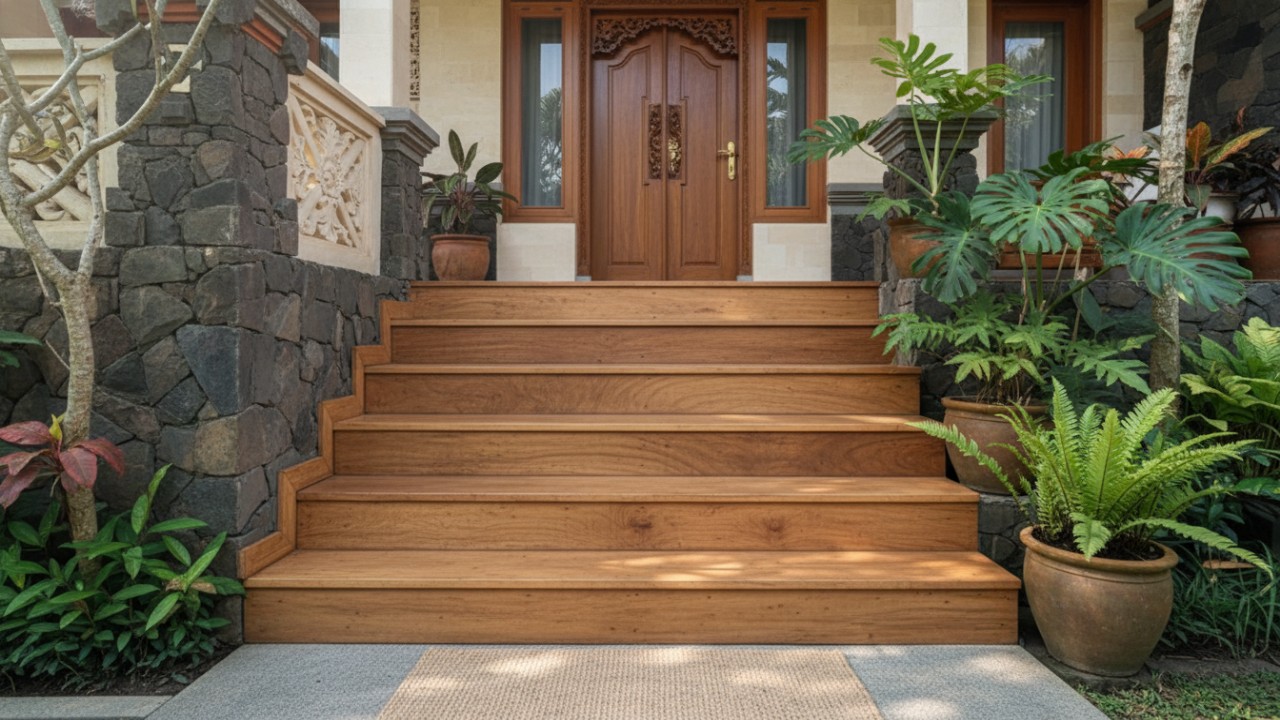 Tangga depan rumah berlapis kayu dengan nuansa hangat.