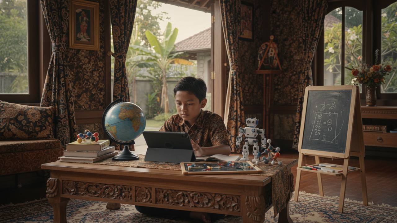 anak belajar dengan perangkat digital dan alat peraga.