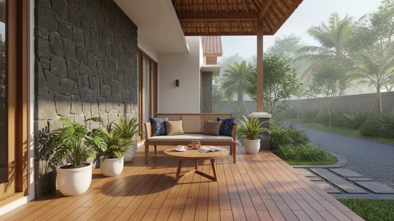Tampilan teras rumah minimalis dengan elemen alami dan pencahayaan hangat.