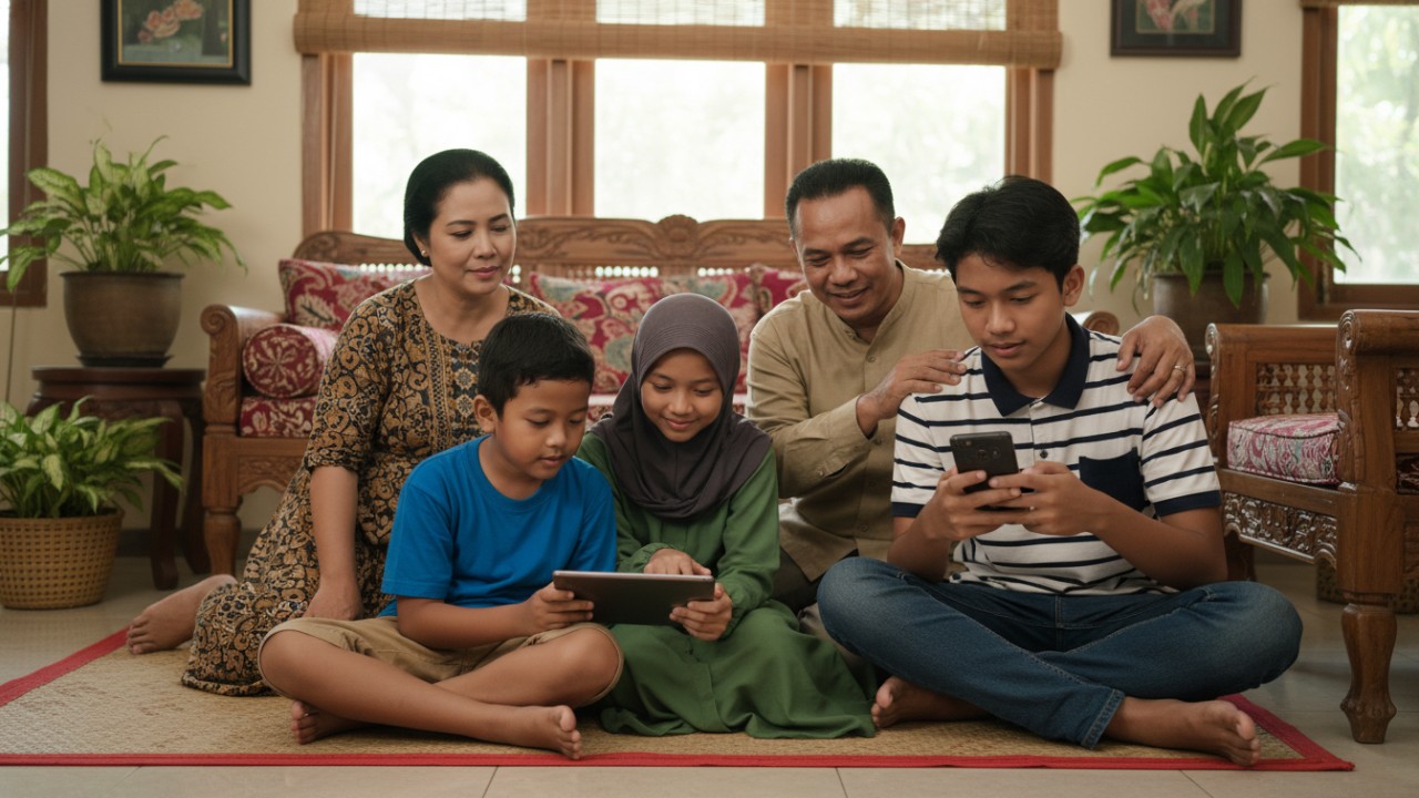 anak dan remaja menggunakan ponsel dengan pengawasan orang tua.
