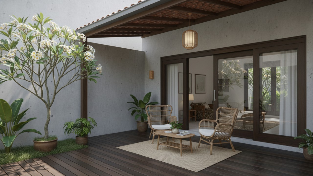 Kanopi modern melindungi teras rumah minimalis dari panas dan hujan.