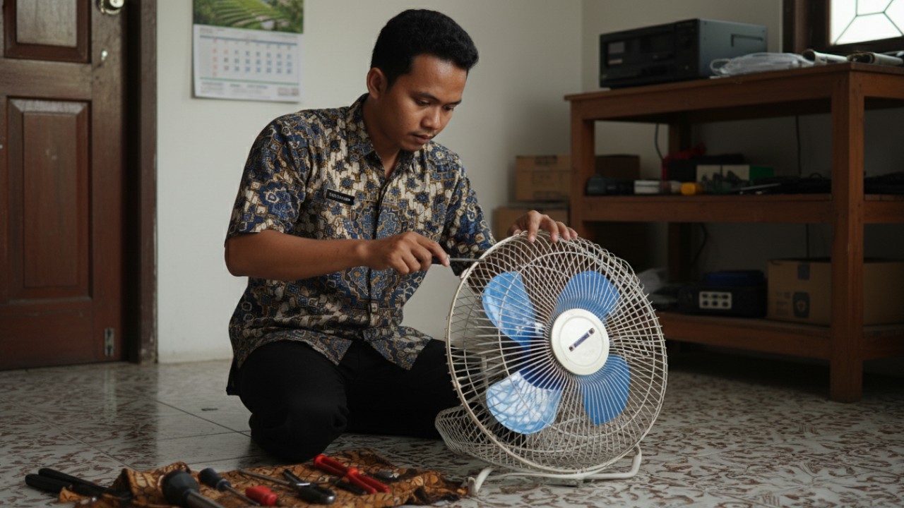 Proses membuka penutup kipas angin menggunakan obeng.
