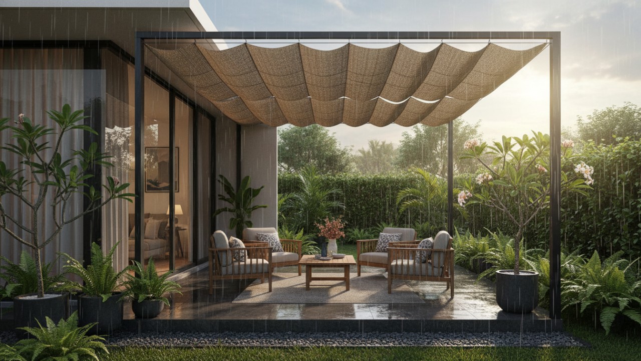 Furnitur sederhana menciptakan teras rumah yang lapang dan nyaman.