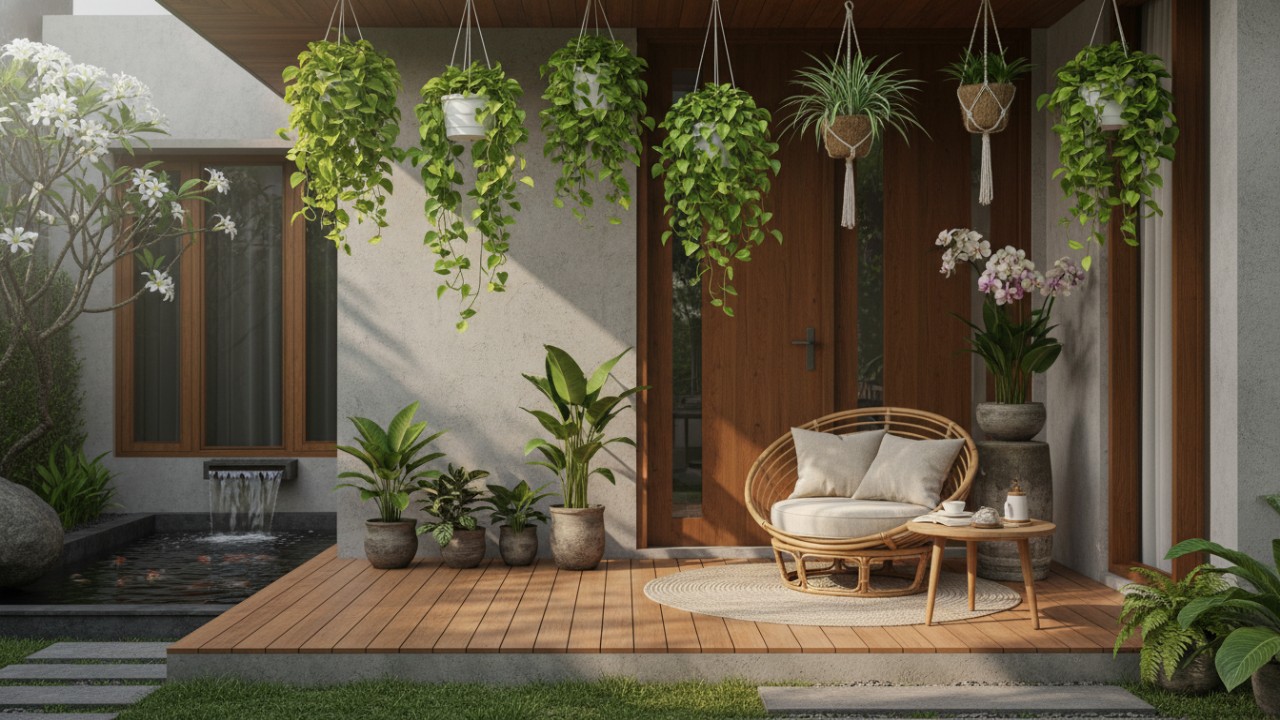 Teras minimalis sebagai ruang santai tambahan yang menyatu dengan alam.