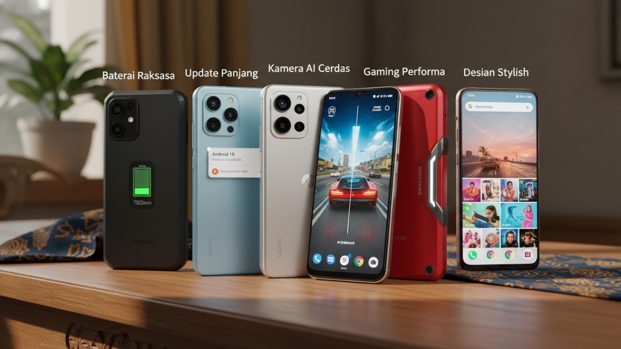 Ilustrasi  deretan HP 1 jutaan dengan fokus fitur unggulan masing-masing.