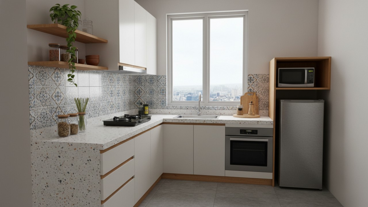 Kitchen set putih memberi ilusi ruang lebih luas dan bersih.