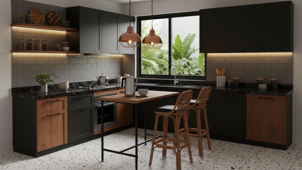 Kitchen set warna gelap menghadirkan kesan elegan di dapur kecil.