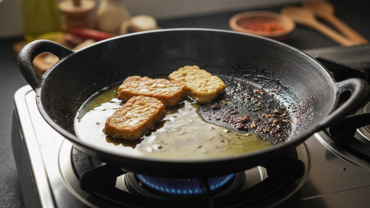 Minyak tipis melapisi permukaan panci sebelum memasak.