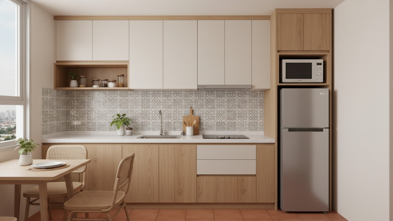 Penataan rak dan lemari kitchen set minimalis yang efisien.