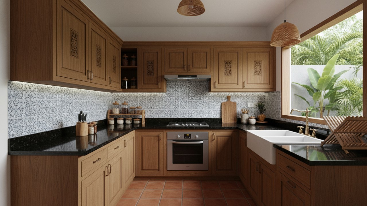 Kitchen set warna netral menciptakan dapur yang hangat dan nyaman.