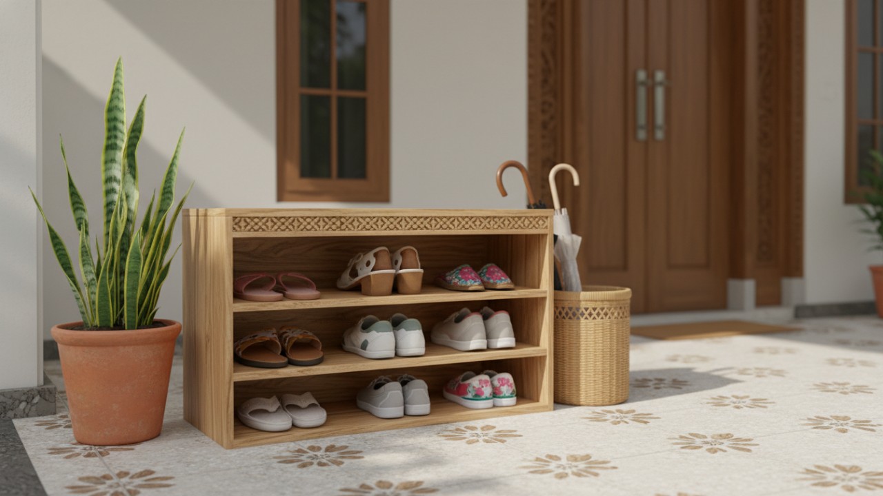 Rak sepatu minimalis menjaga alas kaki tetap rapi dan bersih di area rumah.