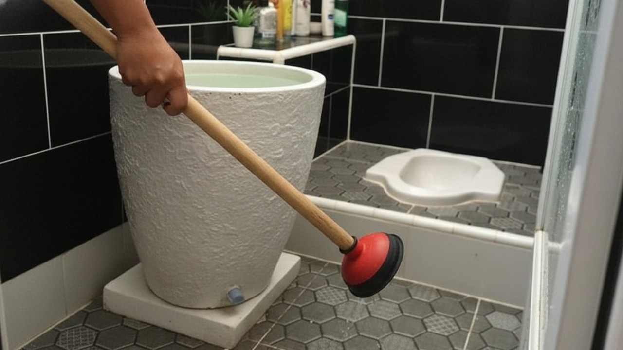 Ilustrasi WC jongkok rumah tangga dengan alat plunger sebagai solusi sumbatan.