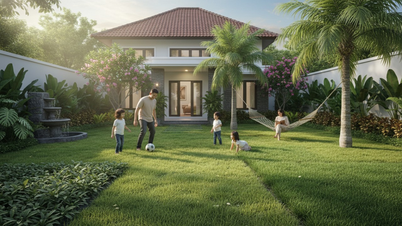 Ilustrasi berbagai jenis rumput taman yang membuat halaman rumah terlihat hijau dan asri.