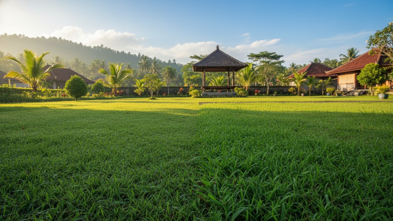 Rumput Bermuda menyebar merata dan tahan panas di halaman terbuka, Rumput Peking dengan daun kecil dan padat mudah dirawat.