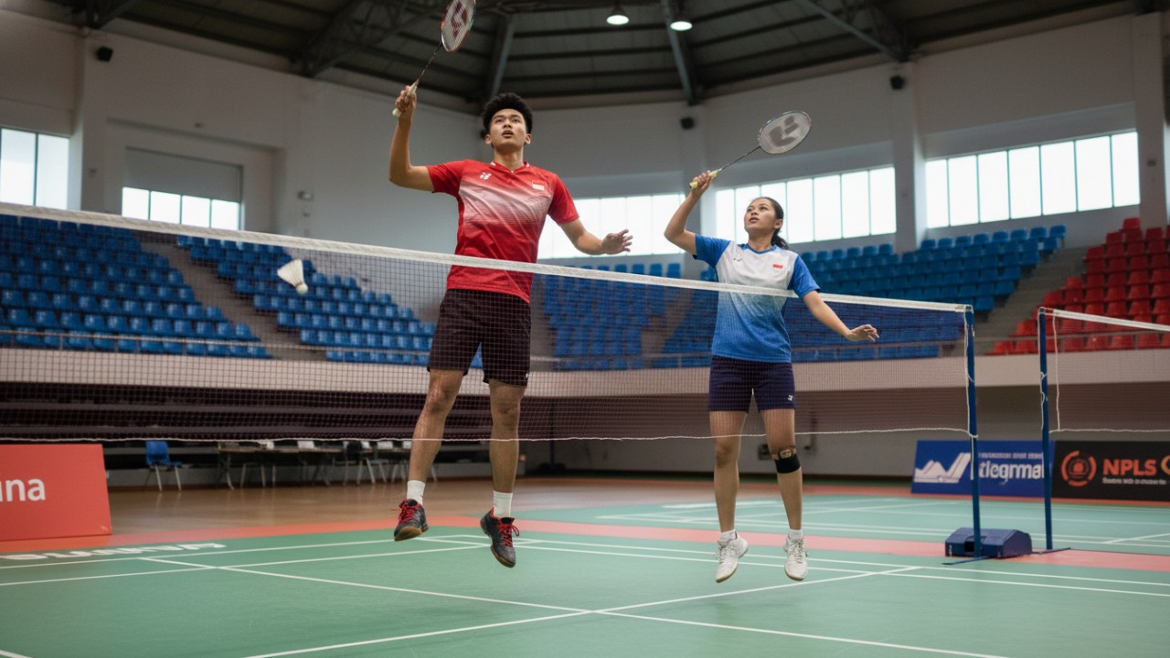 Ilustrasi pemain badminton pemula berlatih teknik dasar di lapangan.