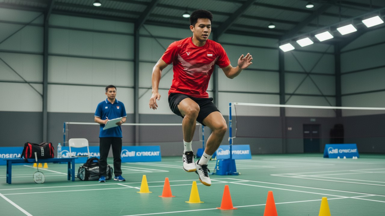 Aktivitas pemanasan sebelum bermain badminton untuk mengurangi risiko cedera.