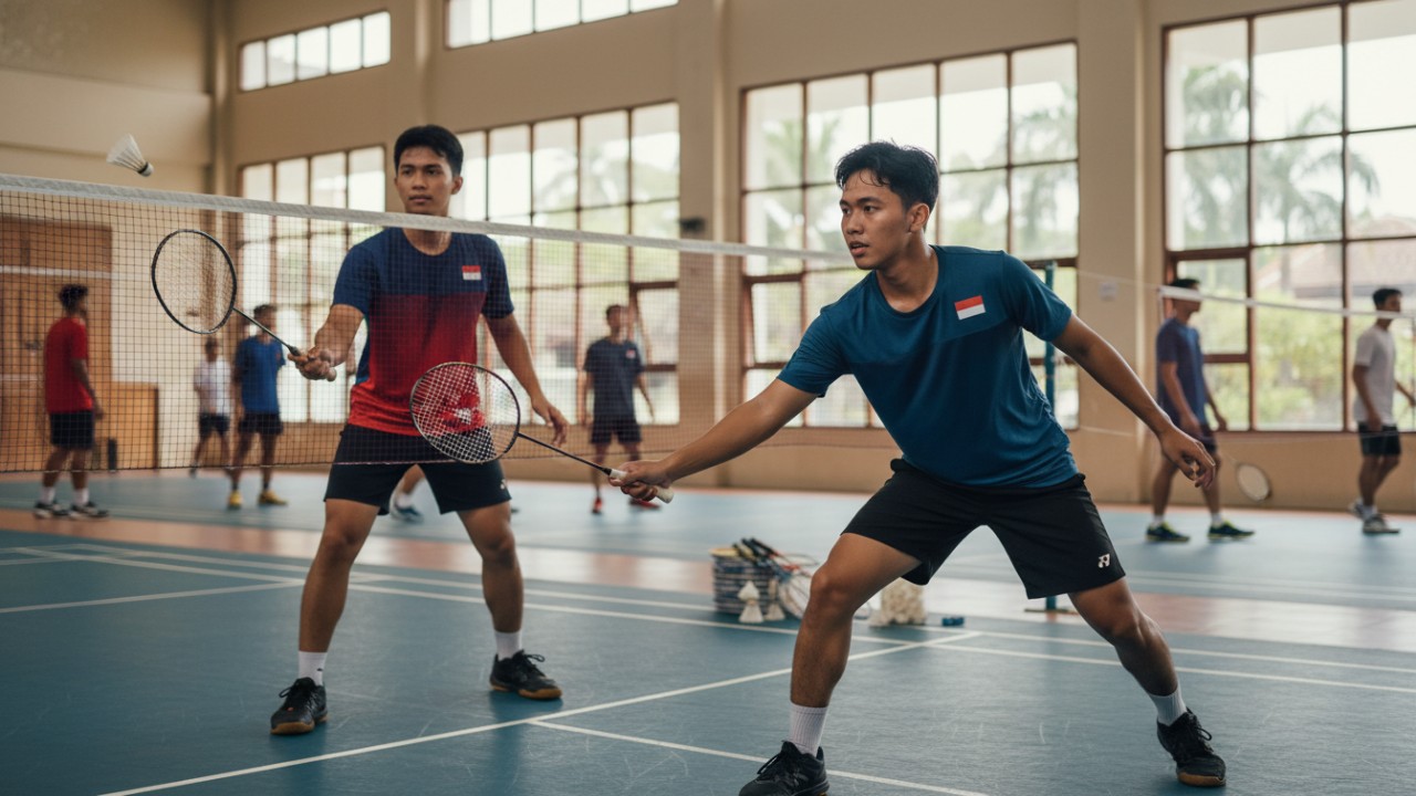 Latihan rutin badminton bersama rekan untuk meningkatkan kemampuan bermain.