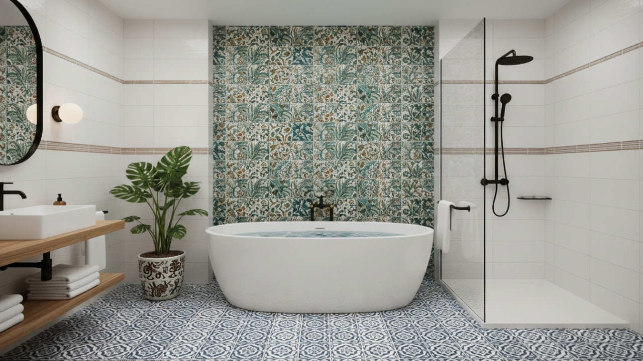 Kamar mandi modern dengan kombinasi ubin bermotif, warna interior segar, dan perabotan mengambang.