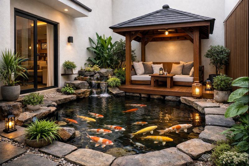 Kolam ikan dengan gazebo di lahan sempit yang bikin sudut rumah minimalis terasa hidup dan seimbang.