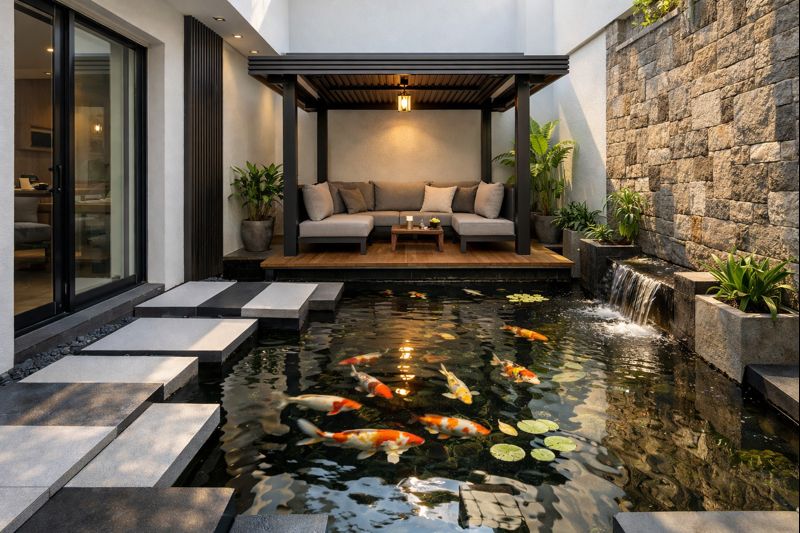 Kolam ikan dengan gazebo di rumah minimalis modern di lahan sempit model geometris.