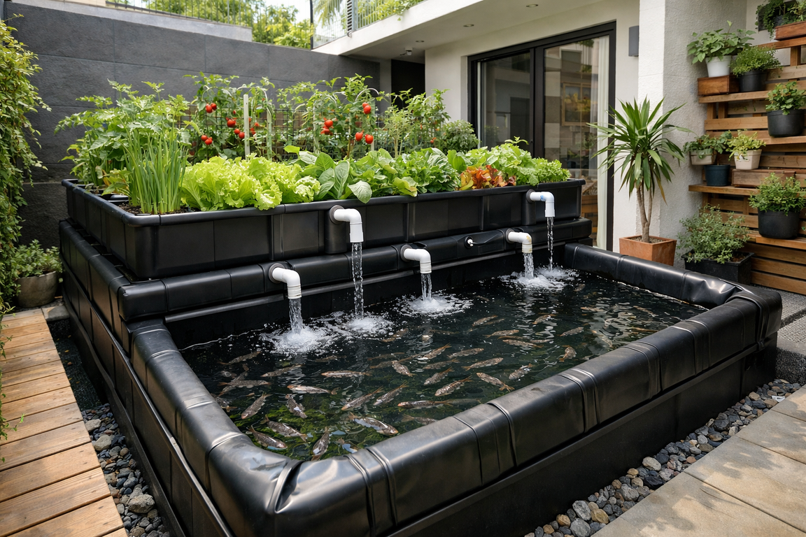 Desain kolam ikan akuaponik minimalis dengan material HDPE food grade.