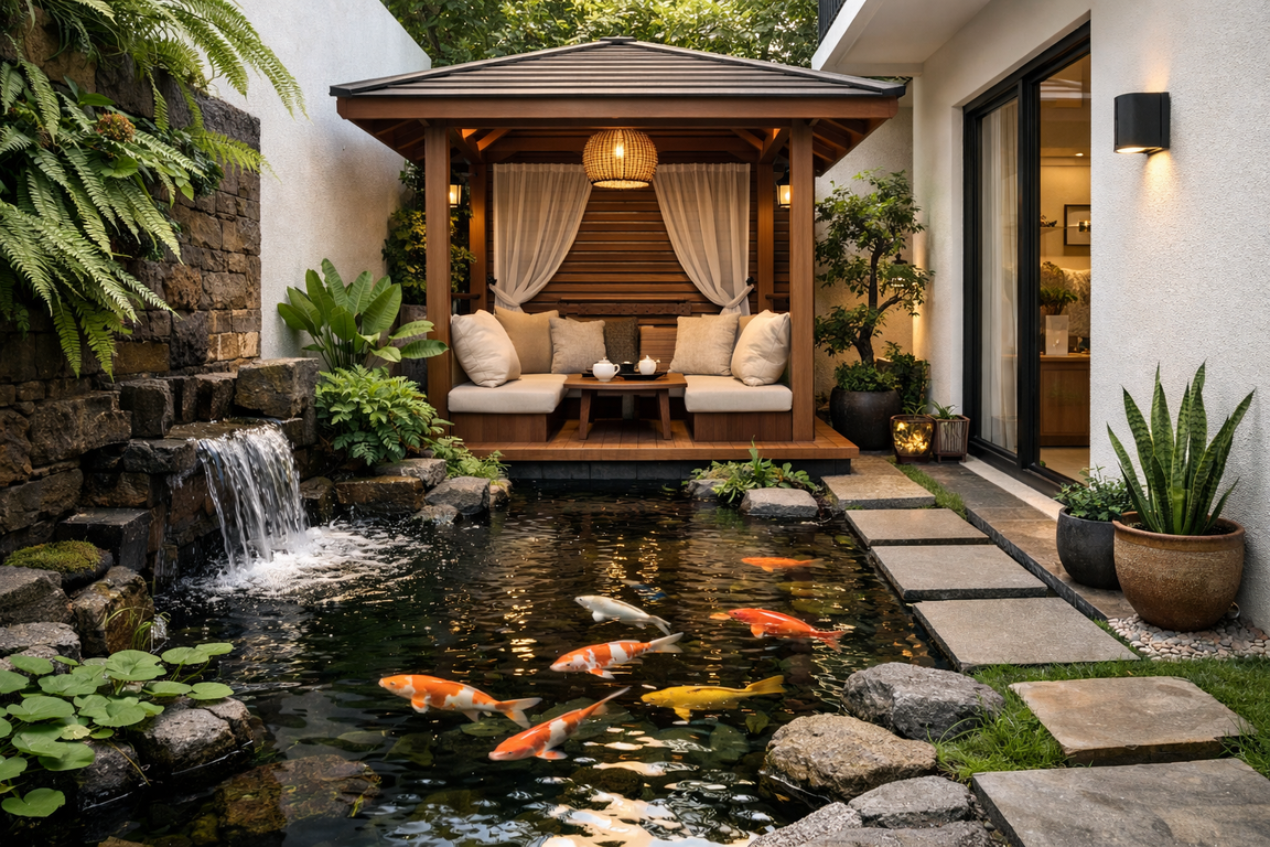 Kolam ikan dengan gazebo di lahan sempit rumah minimalis dengan suasana cozy dan nyaman.