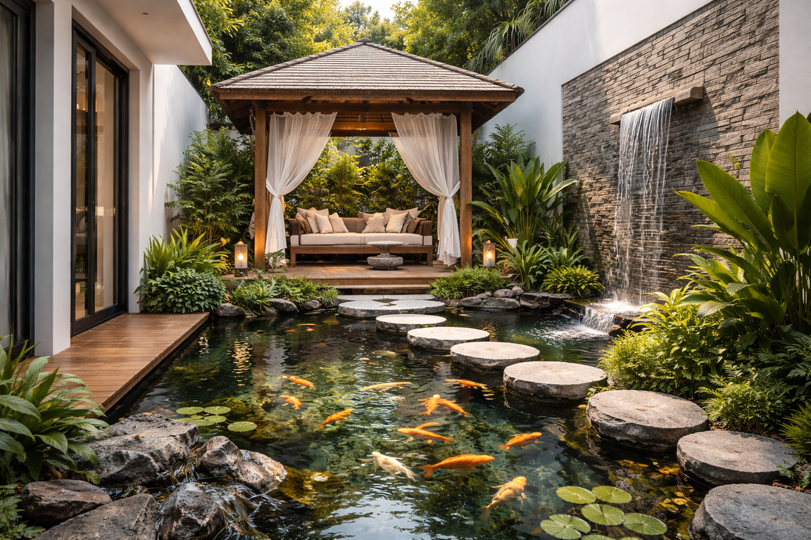 Detail kolam ikan dengan gazebo sebagai titik fokus visual hunian modern.
