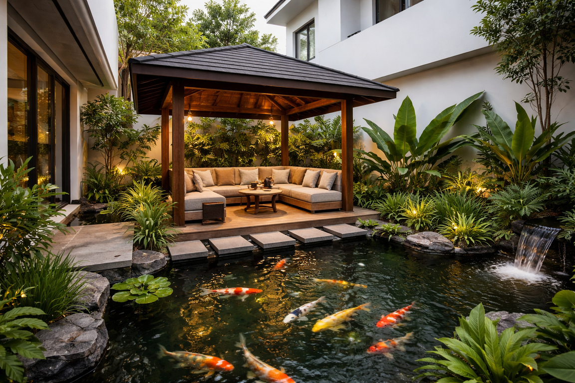 Kolam ikan dengan gazebo sebagai ruang sosial keluarga di lahan sempit rumah minimalis.