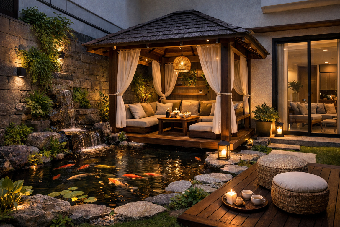 Kolam ikan dengan gazebo di lahan sempit rumah minimalis sebagai area relaksasi keluarga.