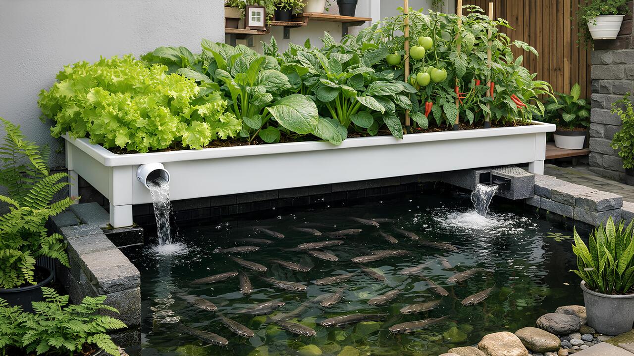 Kolam ikan akuaponik minimalis di halaman rumah kota sebagai simbol investasi hijau.