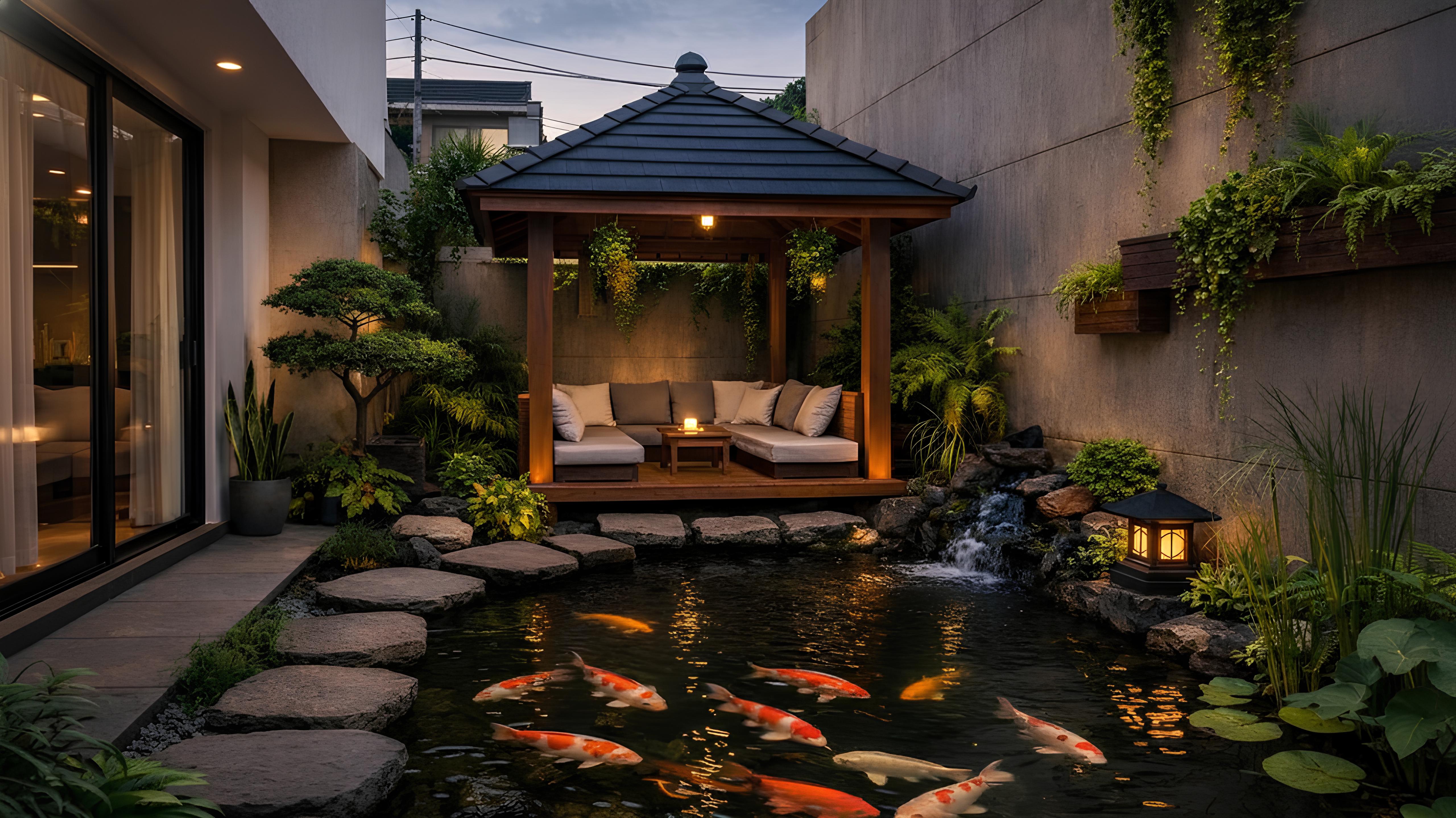 Kolam ikan dengan gazebo di lahan sempit rumah minimalis perkotaan dengan desain ringkas dan teduh.