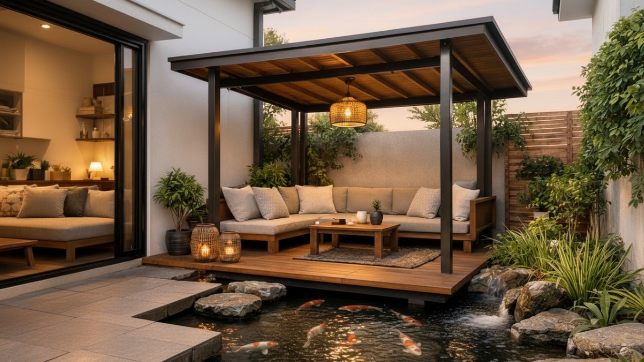 Kolam ikan dengan gazebo terbuka di lahan sempit rumah minimalis.