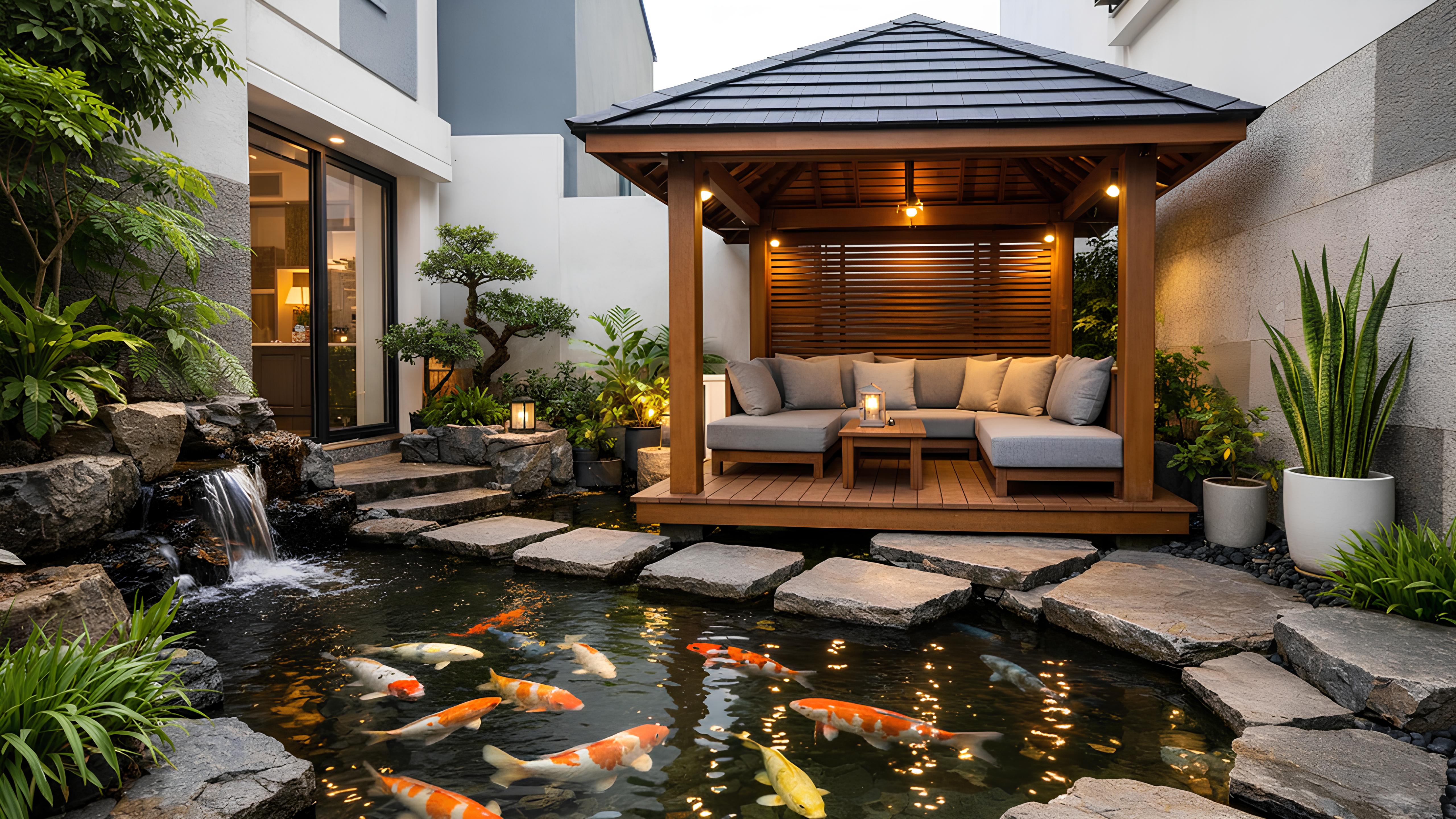 Kolam ikan dengan gazebo di rumah minimalis perkotaan 2026.