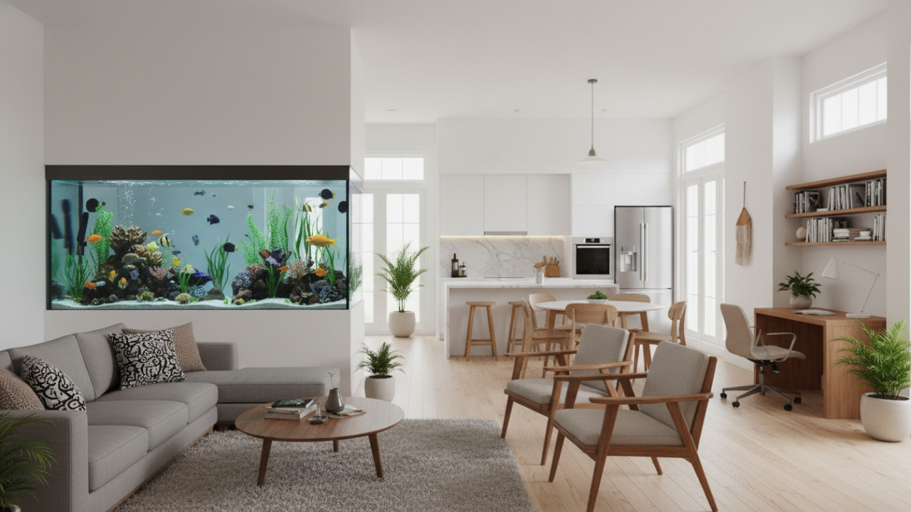 Akuarium modern di ruang tamu sebagai pusat perhatian interior rumah.