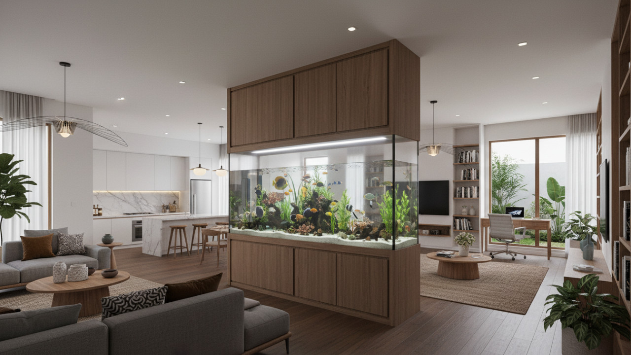 Akuarium sebagai elemen interior alami yang menghidupkan ruang sosial modern.