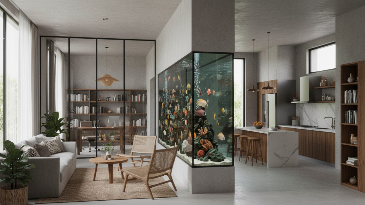 Gerakan air mengurangi ketegangan visual interior modern.