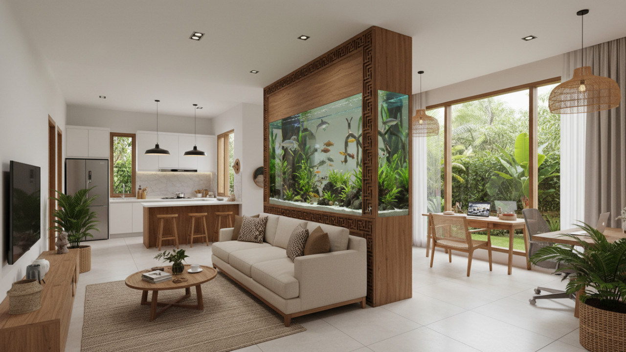 isual akuarium menghadirkan ketenangan emosional dalam interior rumah.